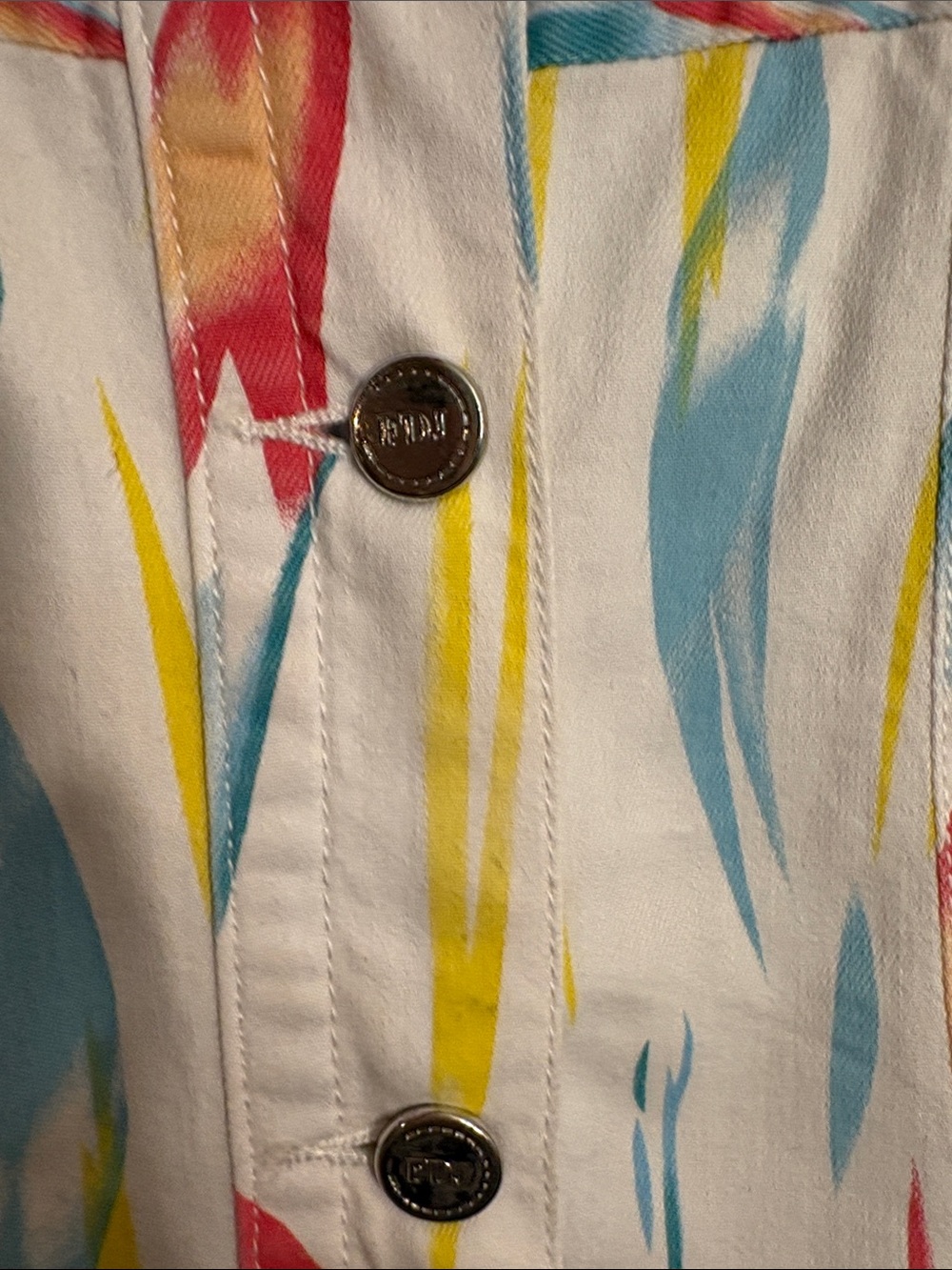 FDJ Printed Jean Jacket in White with Coral Teal Accents - Picture 4 of 8